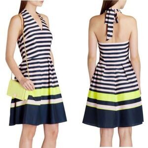 Ted Baker Sarera Navy Pale Pink Neon Stripe Halter Neck Midi Dress Lined